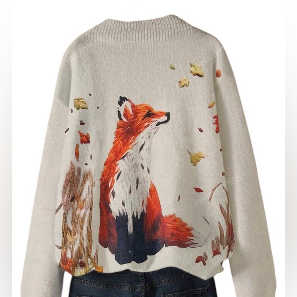 Fox Pattern Loose Pullover Sweater With Faux Embroidery Design - Picture 2 of 5